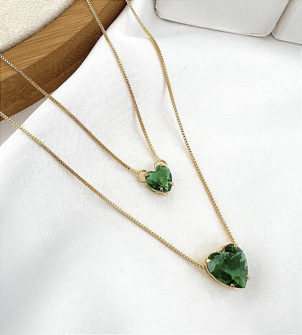 Colar ESPANHA duplo com pedra de zirconia verde folheada a ouro