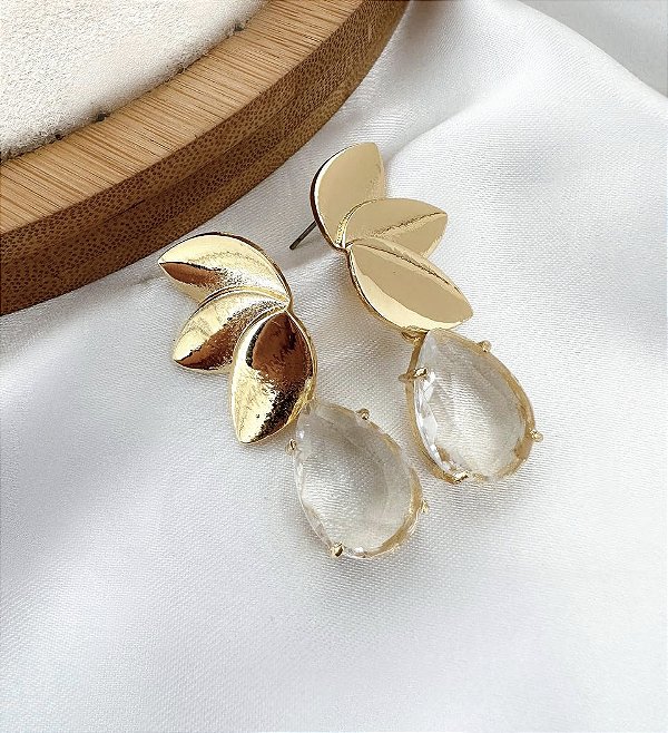 Brinco ARGENTINA folhas e gota folheada a ouro