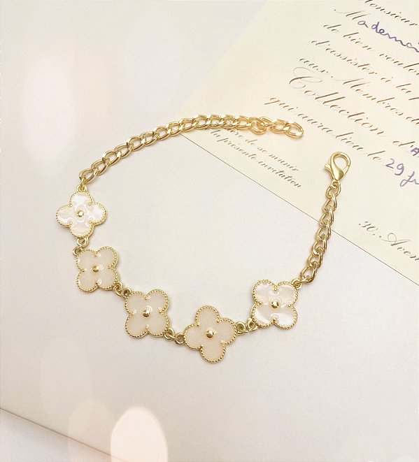 Pulseira VENUS corrente trevo esmaltado NUDE Folheada A Ouro