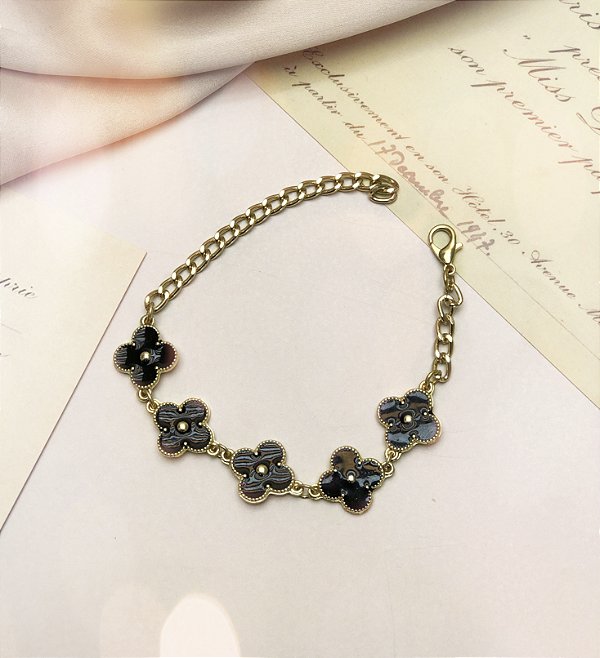 Pulseira VENUS corrente trevo esmaltado PRETO Folheada A Ouro