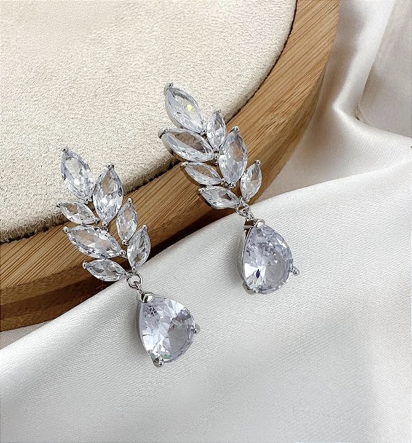 Brinco DALVA folhas cristal folheada a prata