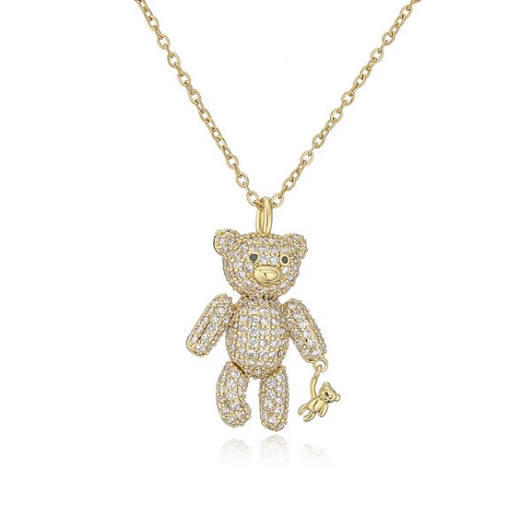 Colar POOH ursinho cravejado com zircônias folheada a ouro com verniz italiano