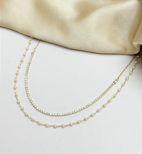 Colar AURORA duplo pérolas e zirconia cristal folheada a ouro