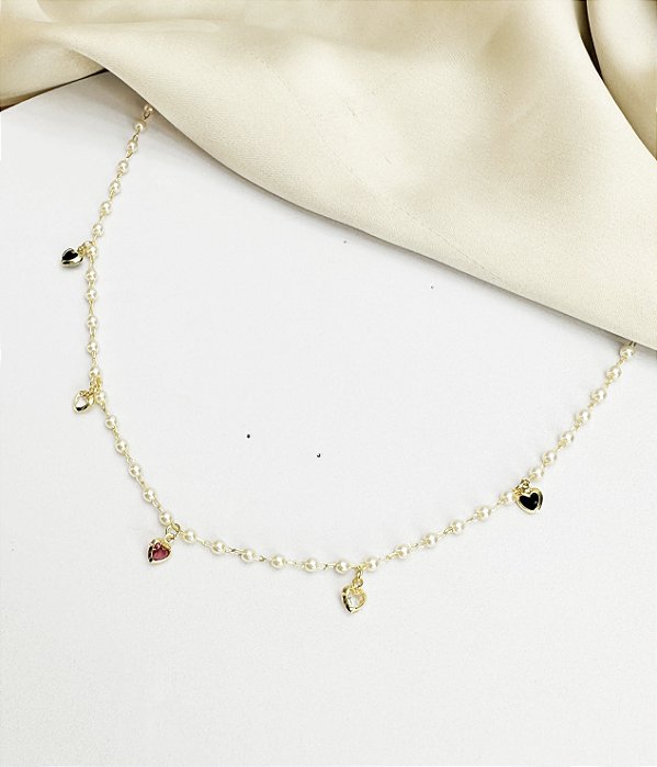 Choker GIULIA pérolas com pedras Colors folheadas a ouro