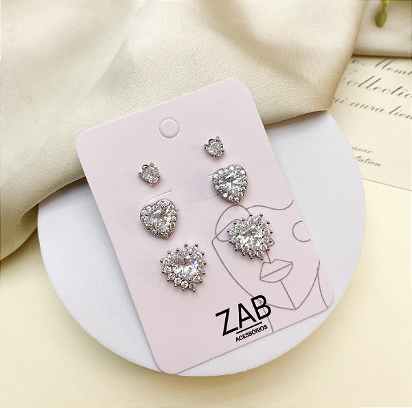 Trio de brincos CARLY zirconia folheada a prata