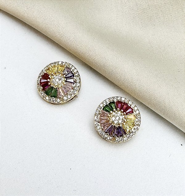Brinco DAMARES pizza P cravejada com zirconia navete COLORS folheada a ouro