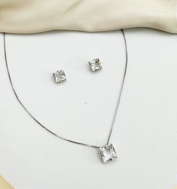 Conjunto EMILIA colar e brinco quadrado cravejado zirconia cristal folheada a prata