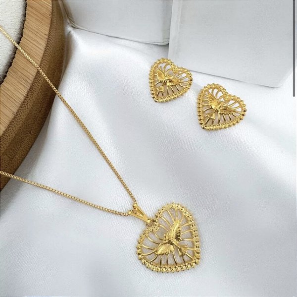 Conjunto ESPIRITO SANTO colar e brinco coração folheado a ouro
