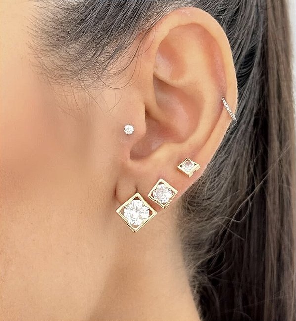 Trio de brincos RIORI zirconia folheada a ouro