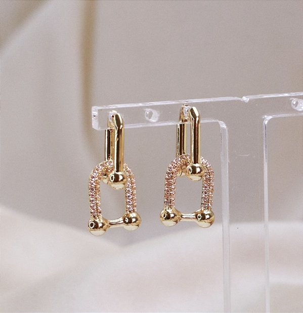 Brinco ANGELES M elos inspiração alta joalheria cravejados com microzirconia folhada a ouro