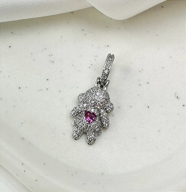 Pingente MENININHA cravejado com microzirconias coração pink folheada a prata