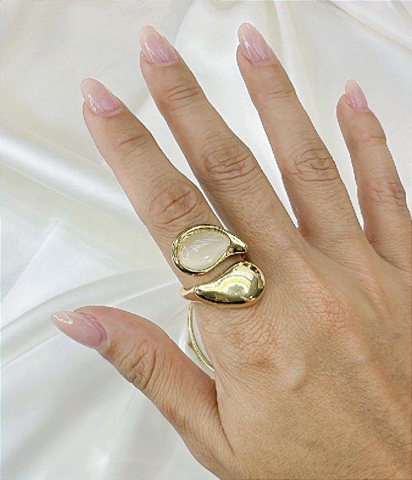 Anel ORIANA max gota madre perola bijoux fina dourado