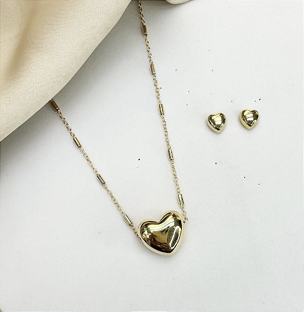 Conjunto PRIANA colar com pingente coração folheada a ouro