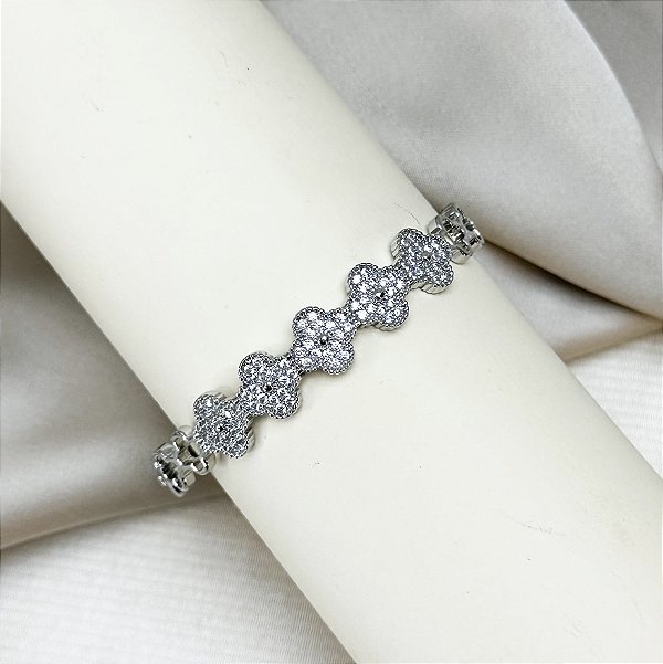 Bracelete MAXINE trevo cravejado com zirconia folheada a prata