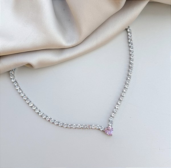 Choker MAGGIE De Zircônias com coração rosa folheada a prata