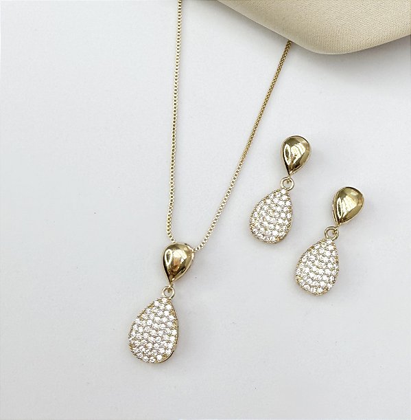 Conjunto MATILDA colar veneziana gota cravejada folheada a ouro