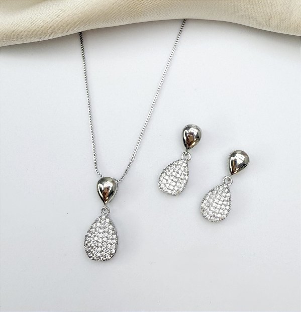 Conjunto MATILDA colar veneziana gota cravejada folheada a prata