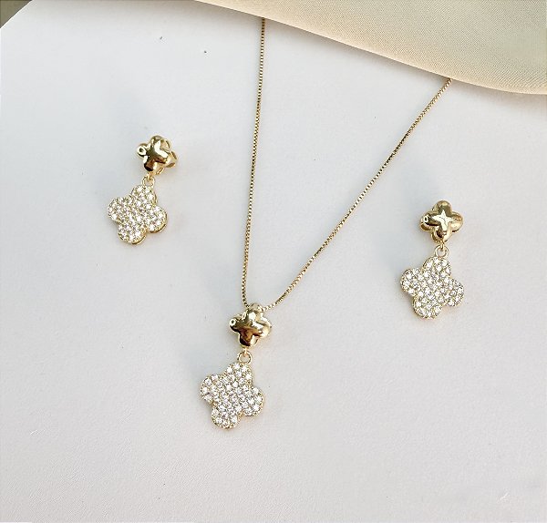 Conjunto DRAKE colar veneziana trevo cravejado folheada a ouro