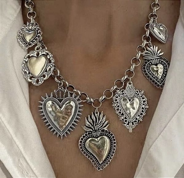Colar KANSAS mix corações boho prateado