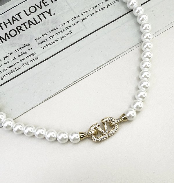 Choker ADRINA real pérolas elo folheado a ouro