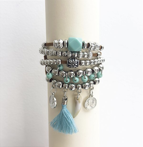 Pulseira AZURA mix de pulseiras courino turquesa e marrom