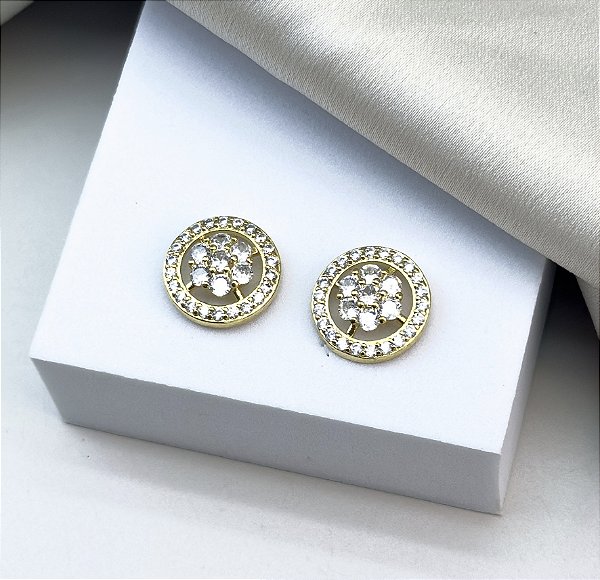 Brinco JUPTER pizza  M cravejada com zirconia navete folheada a ouro