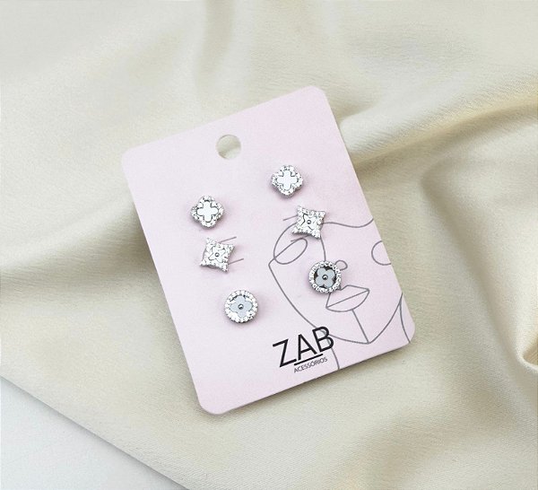 Trio de brincos MALI zirconia folheada a prata