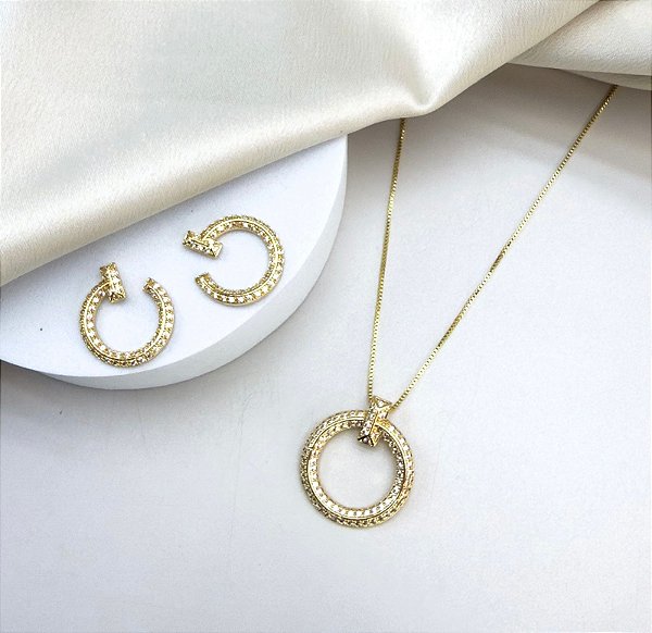 Conjunto COIMBRA colar e brinco cravejado zirconia folheada a ouro