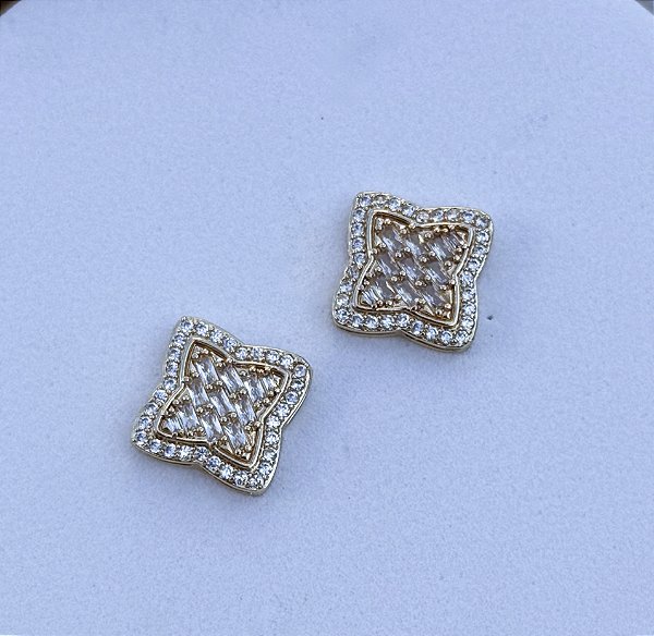 Brinco JUNIPER trevo cravejado de zirconia CRISTAL folheado a ouro