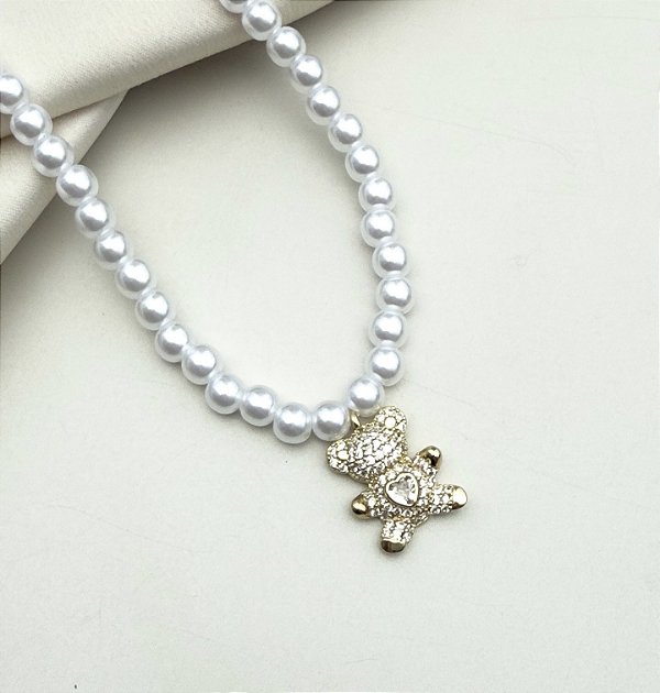 Choker AZIEL pingente urso dourado pérolas