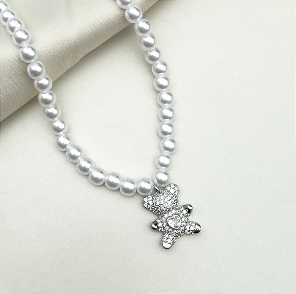 Choker AZIEL pingente urso prateado pérolas