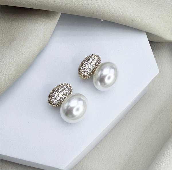 Brinco FELICITY perola cravejado dupla ouro