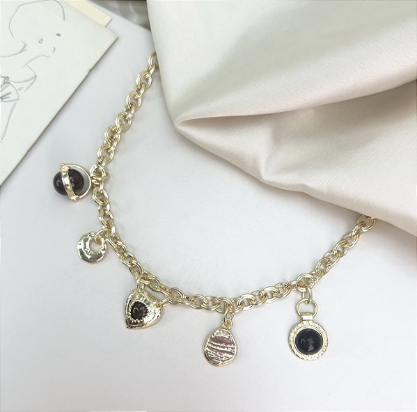 Choker VALERIE coração marrom mix charms folheada a ouro