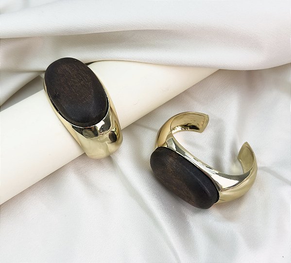 Bracelete SOLARA max com detalhe em madeira folheada a ouro