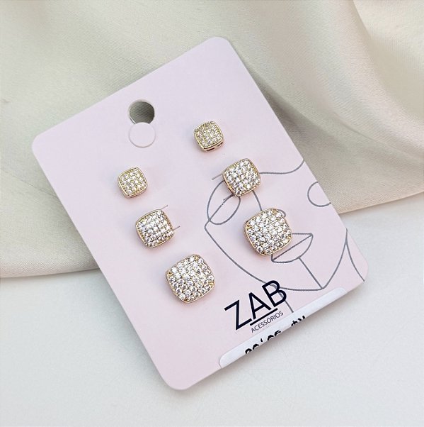 Trio de brincos EWAN zirconia folheada a ouro
