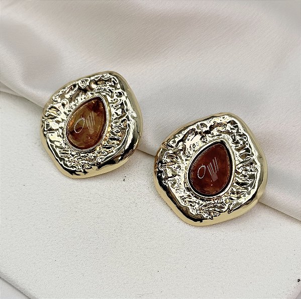 Brinco PERUGIA organico pedra CARAMELO folheada a ouro