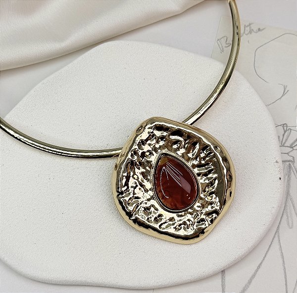 Colar aro PERUGIA pingente organico pedra CARAMELO folheada a ouro