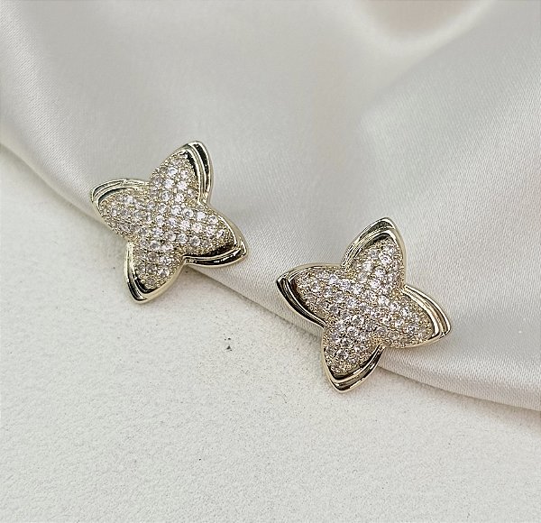 Brinco REMINI trevo cravejado de zirconia CRISTAL folheado a OURO