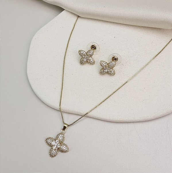 Conjunto JAM colar e brinco cravejado zirconia folheada a ouro