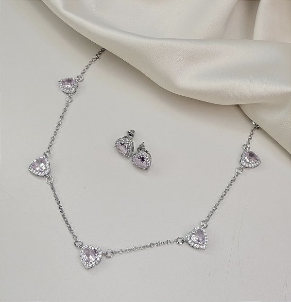 Conjunto FLAN coração cravejado ROSA folheado a prata