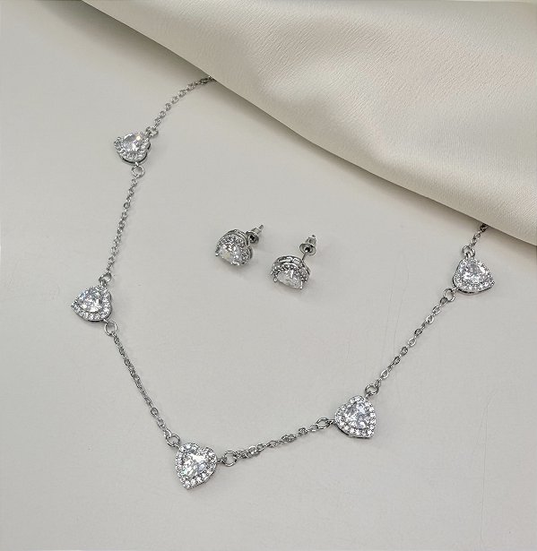Conjunto FLAN coração cravejado CRISTAL folheado a prata
