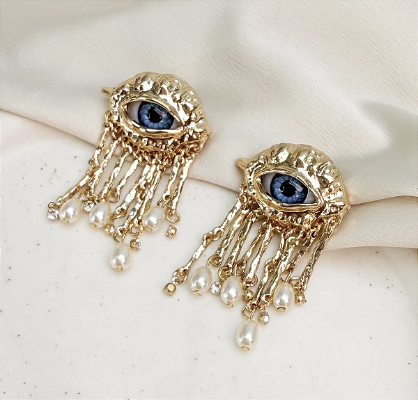 Brinco BARNEY olho AZUL com pérolas folheada a ouro