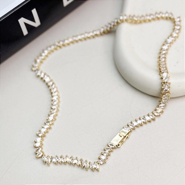 Colar HENRY riviera folhas micro zircônias premium folheada a ouro