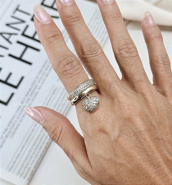 Anel FANTINE duplo pingente cravejada com microzirconia folheado a ouro