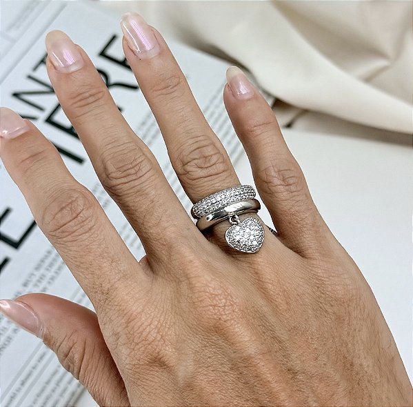 Anel FANTINE duplo pingente cravejada com microzirconia folheado a prata
