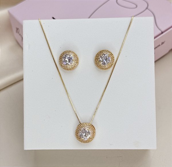 Conjunto EDDY colar e brinco cravejado zirconia folheada a ouro