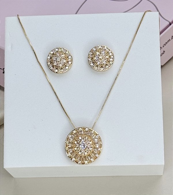 Conjunto COLOMBO colar e brinco cravejado zirconia folheada a ouro