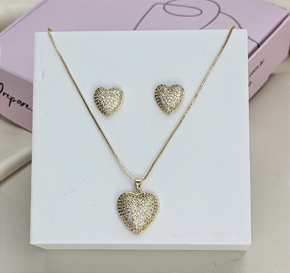 Conjunto BIA colar e brinco cravejado zirconia folheada a ouro