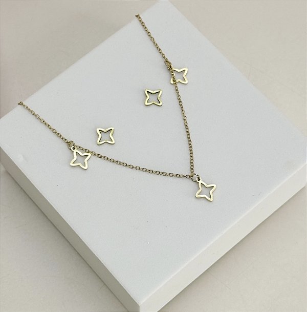 Conjunto JIM colar trevos vazados folheada a ouro