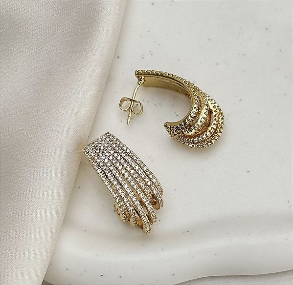 Argola MIX 7 fios degrade cravejado com zirconia folheado a ouro